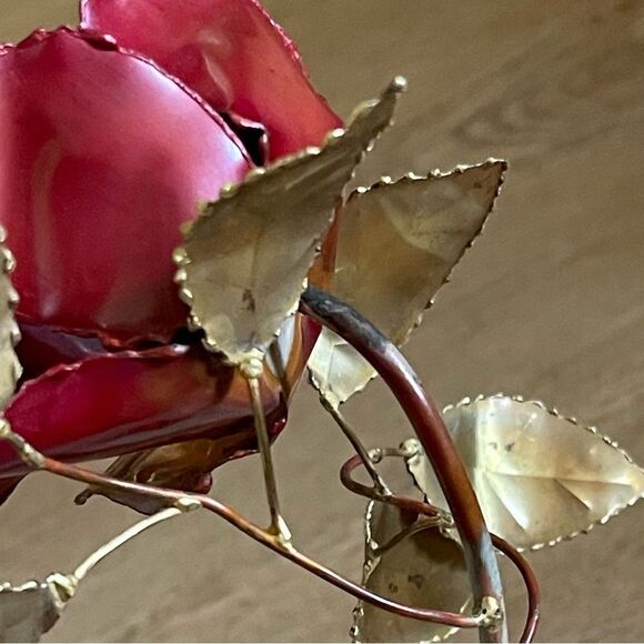 Vintage Single Rose Stem Painted Brass Copper Brutalist Metal Art Marble Base - Picture 13 of 16